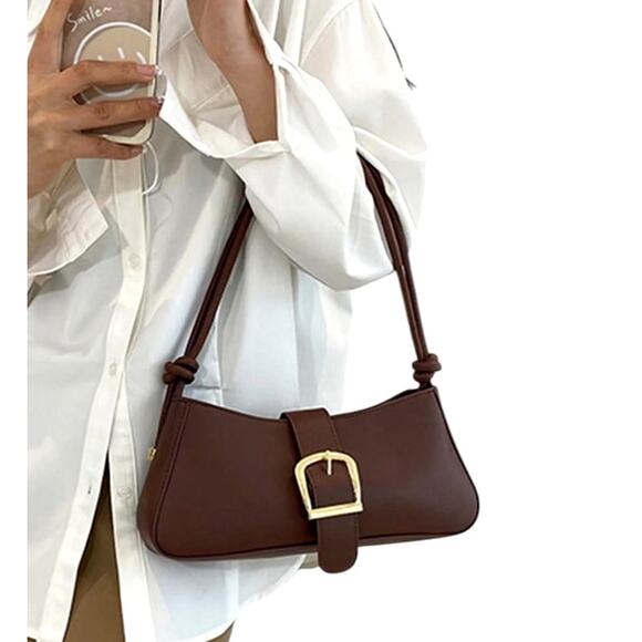 Micas Handbags - Micas Women's Small Coffee Brown Gold Faux Leather Belted Shoulder Bag